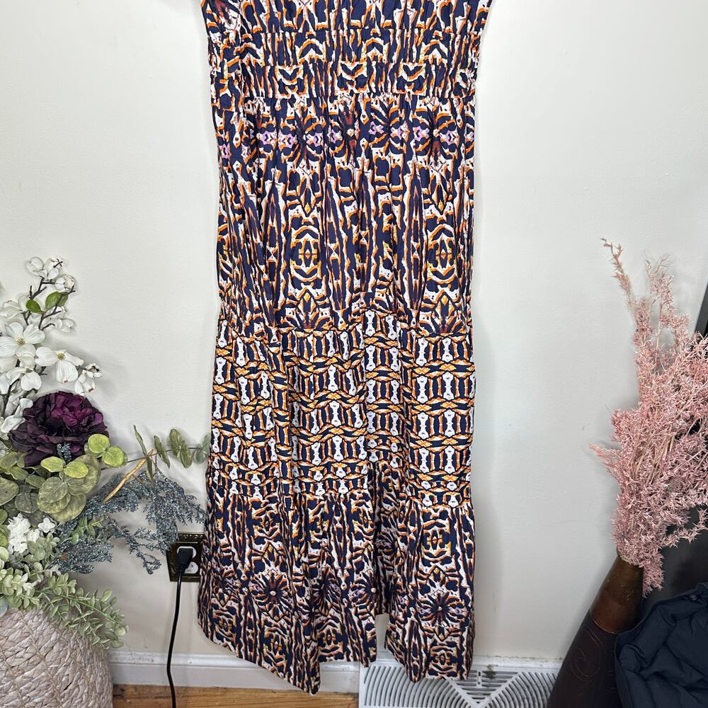 ANTHROPOLOGIE The Somerset Maxi Dress Cotton Geometric Navy Orange Sz M {Y39} - Picture 6 of 8